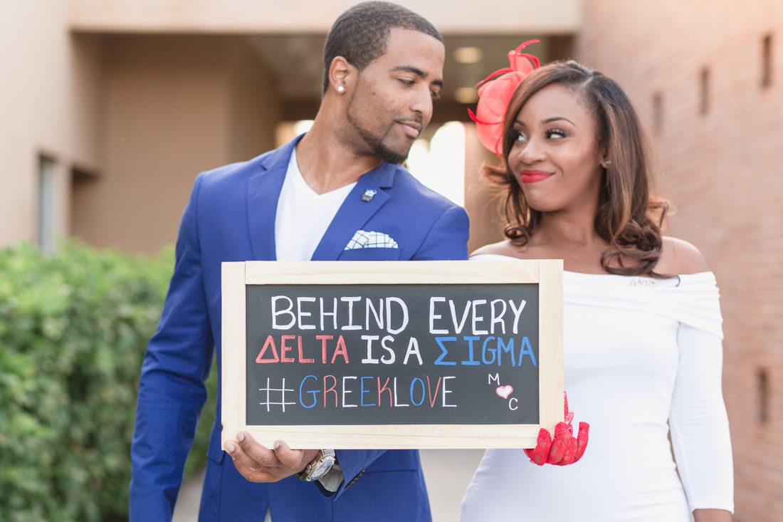 Orlando wedding photographer captures Greek sorority fraternity inspired engagement session photos at UCF in Orlando for Delta and Sigma couple