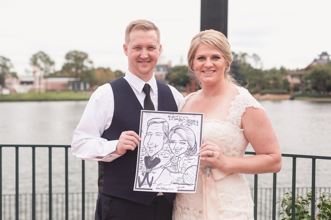 Orlando wedding photographer captures winter Christmas nuptials at Sea Breeze Point at the Boardwalk Inn with reception at Epcot in Disney