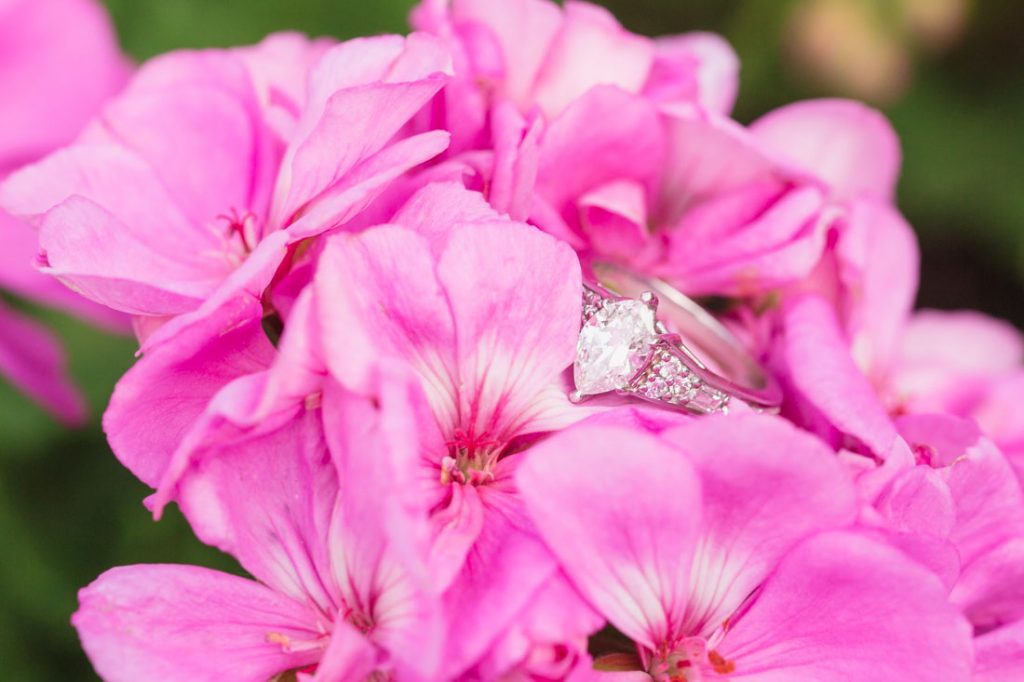 Close up of the engagement ring on beautiful flowers at the Orlando resort