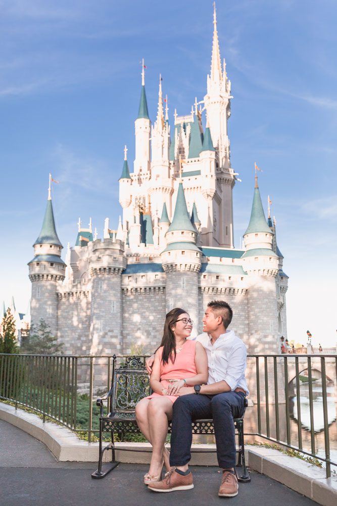 Engagement photography at Disney World in Orlando featuring Cinderella's castle from the back