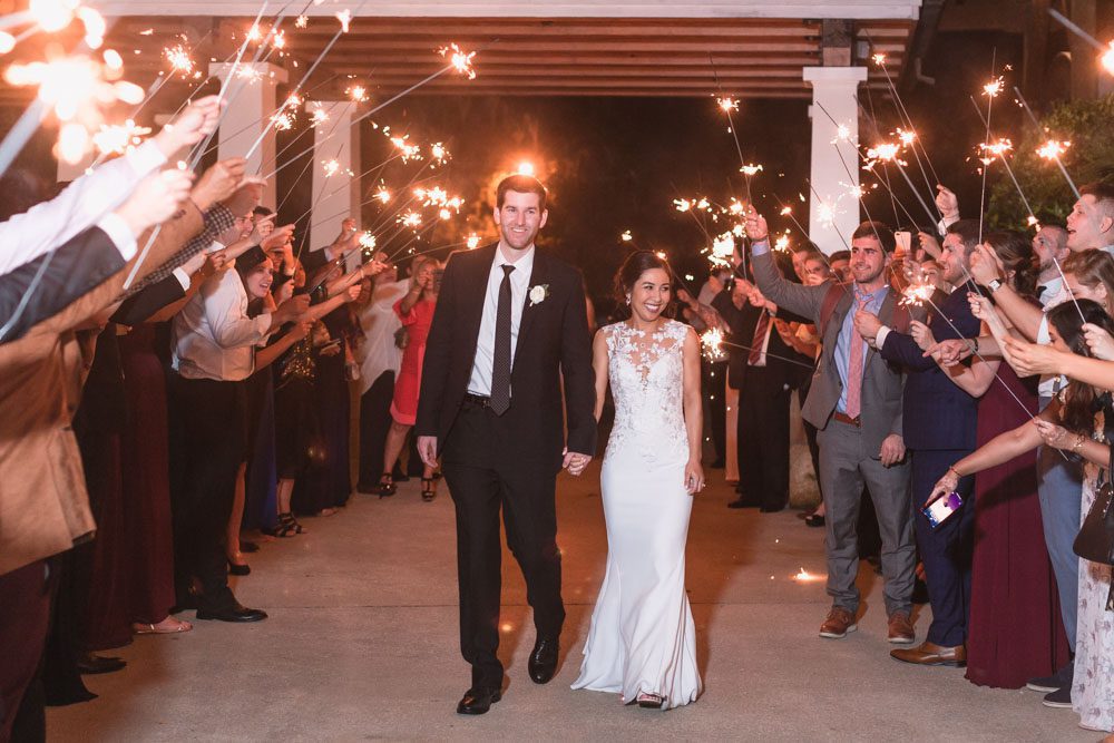 Bride and groom enjoy a sparkler send off exit from their wedding reception captured by top Orlando wedding photographer
