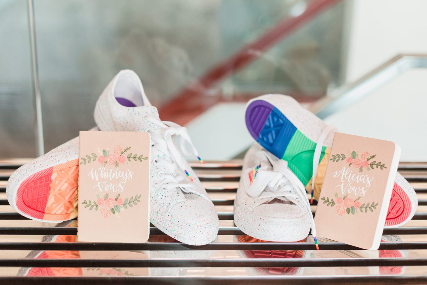 Details from a gay wedding in Orlando Florida featuring rainbow shoes