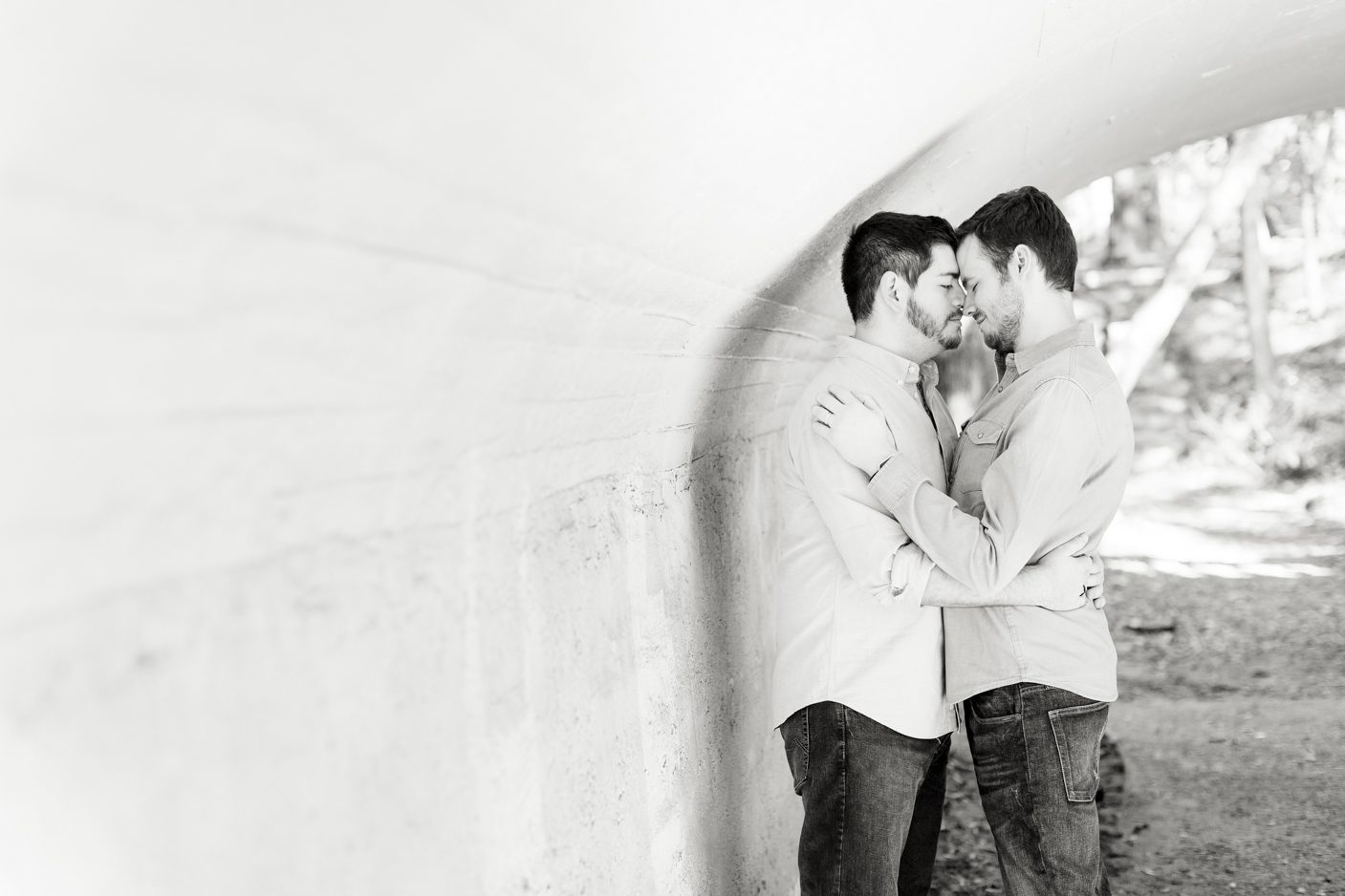 Black and white Gay engagement photo featuring two grooms at downtown Orlando