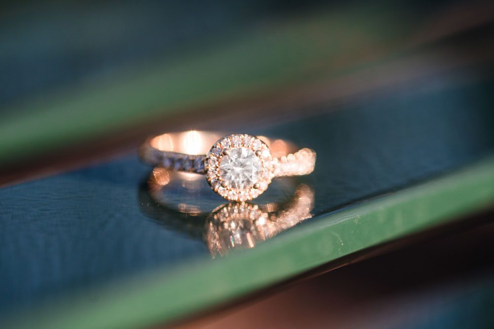 Close up of a gold round halo engagement ring during Orlando photography session