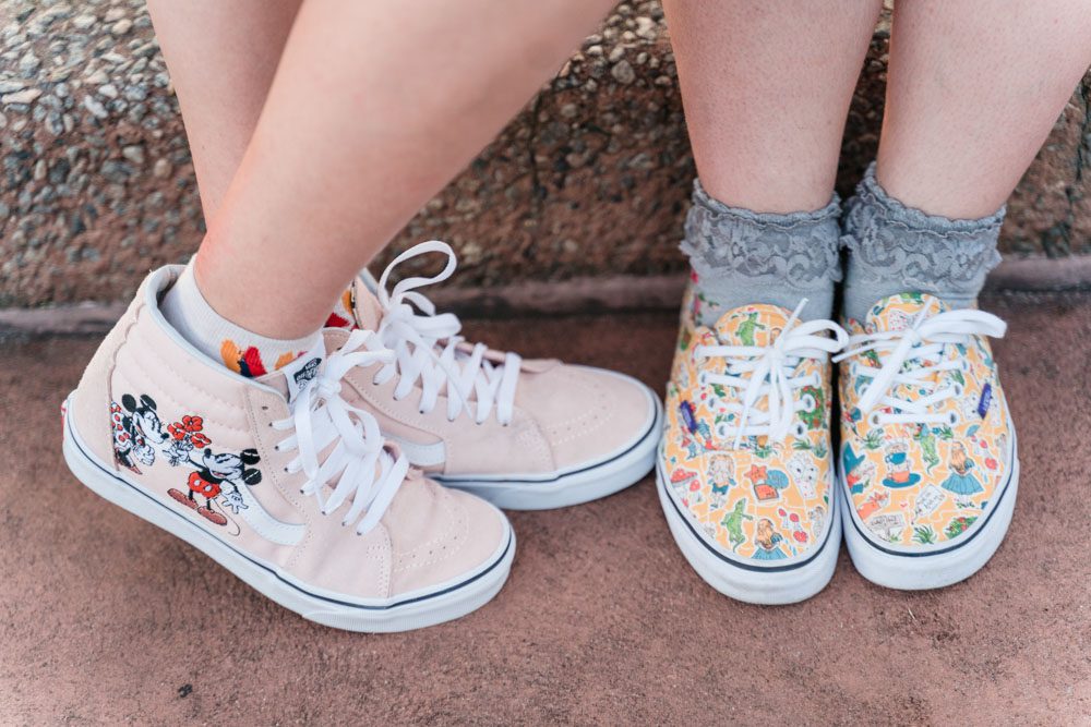 Close up of the couples Disney inspired sneakers during their engagement session at Epcot in Orlando