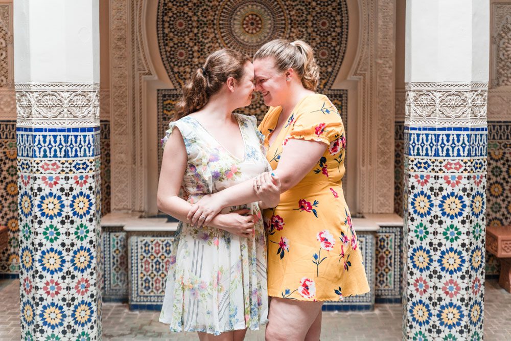 Romantic same-sex engagement session at Morocco in Epcot at Disney World captured by top Orlando gay wedding photographer
