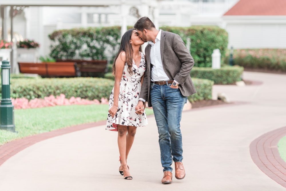Romantic engagement photography at the Grand Floridian resort following a surprise proposal in Orlando