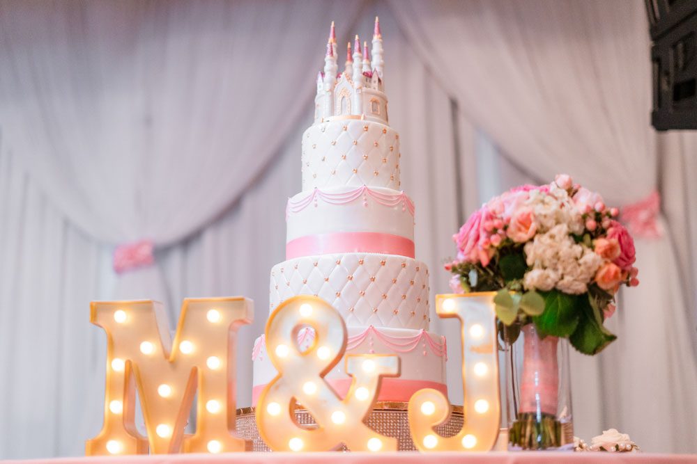 Close up of pink Disney wedding cake at the reception at Hy Palace in Oklahoma City