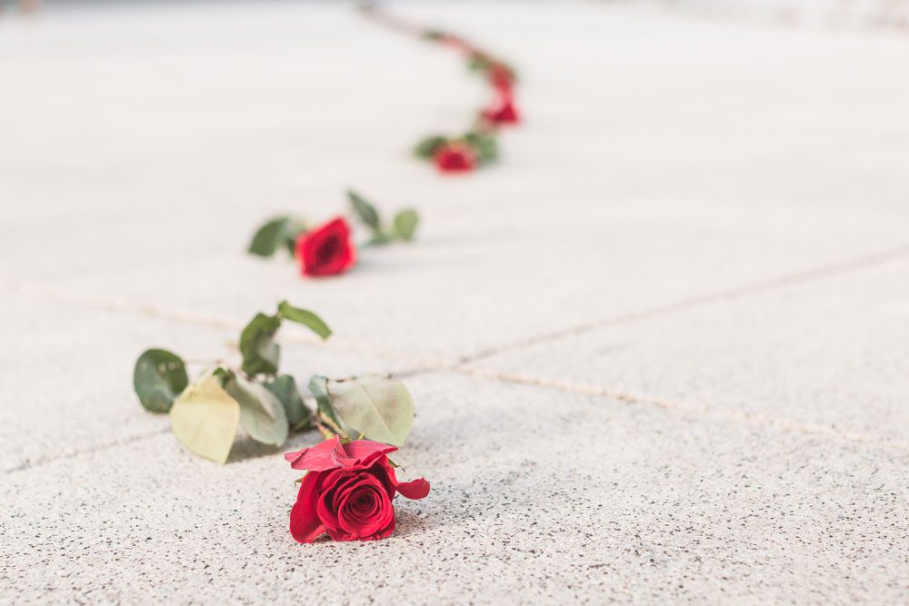 Orlando rooftop surprise proposal featuring roses, wine and the downtown skyline at sunset