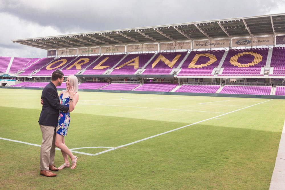 Orlando City Soccer proposal at Exploria stadium in downtown captured by top Orlando engagement photographer