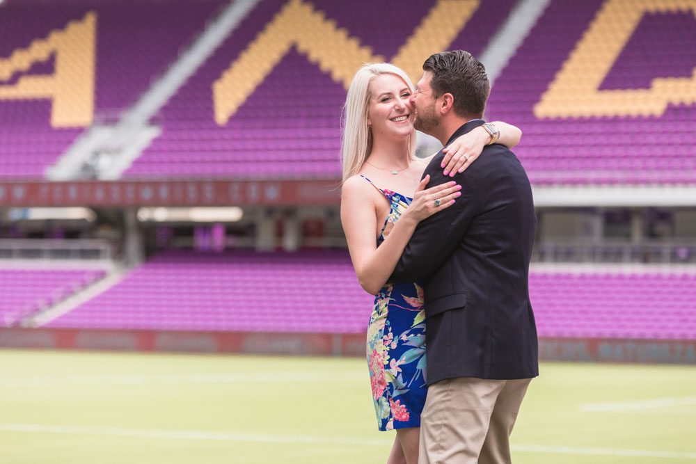 Orlando City Soccer proposal at Exploria stadium in downtown captured by top Orlando engagement photographer
