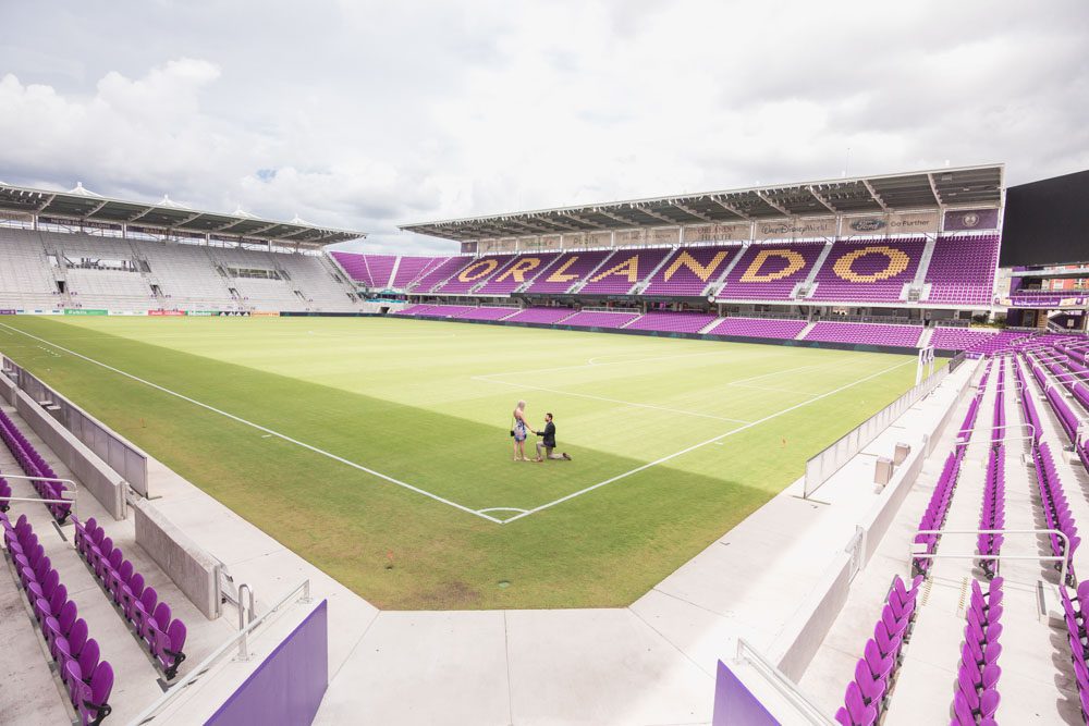 Orlando City Soccer proposal at Exploria stadium in downtown captured by top Orlando engagement photographer