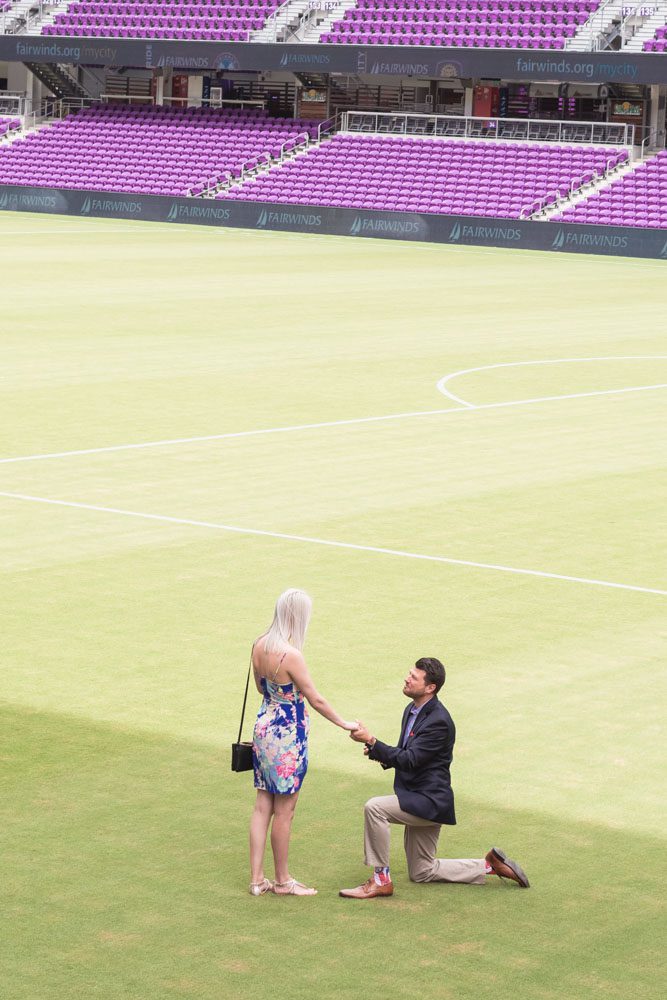 Orlando City Soccer proposal at Exploria stadium in downtown captured by top Orlando engagement photographer