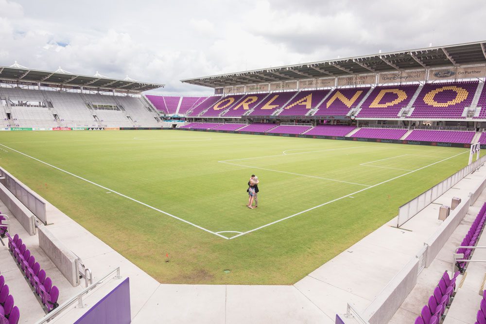 Orlando City Soccer proposal at Exploria stadium in downtown captured by top Orlando engagement photographer